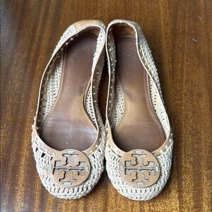 Tory Burch Women’s Tan Woven Leather/Cotton Slip-On Loafers Size 7.5